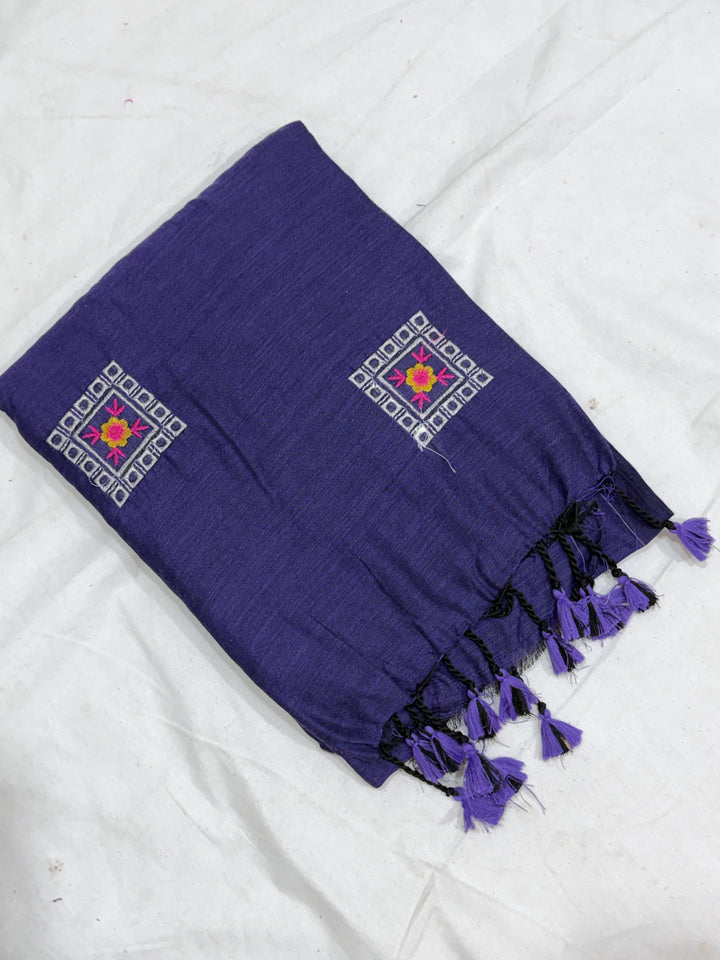 Box Embroidery Khadi Cotton Saree (DHN-491) — Purple