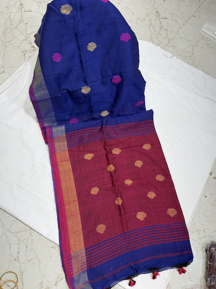 Ball Cotton Khadi Cotton Saree (DHN-490) — Blue