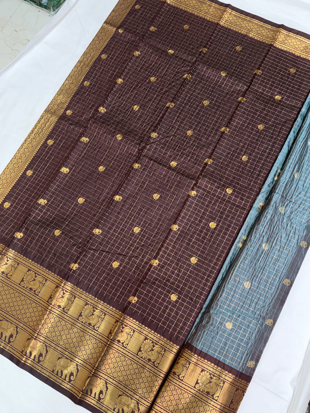 Checks Semi-Silk Gadwal Saree (DHN-233)