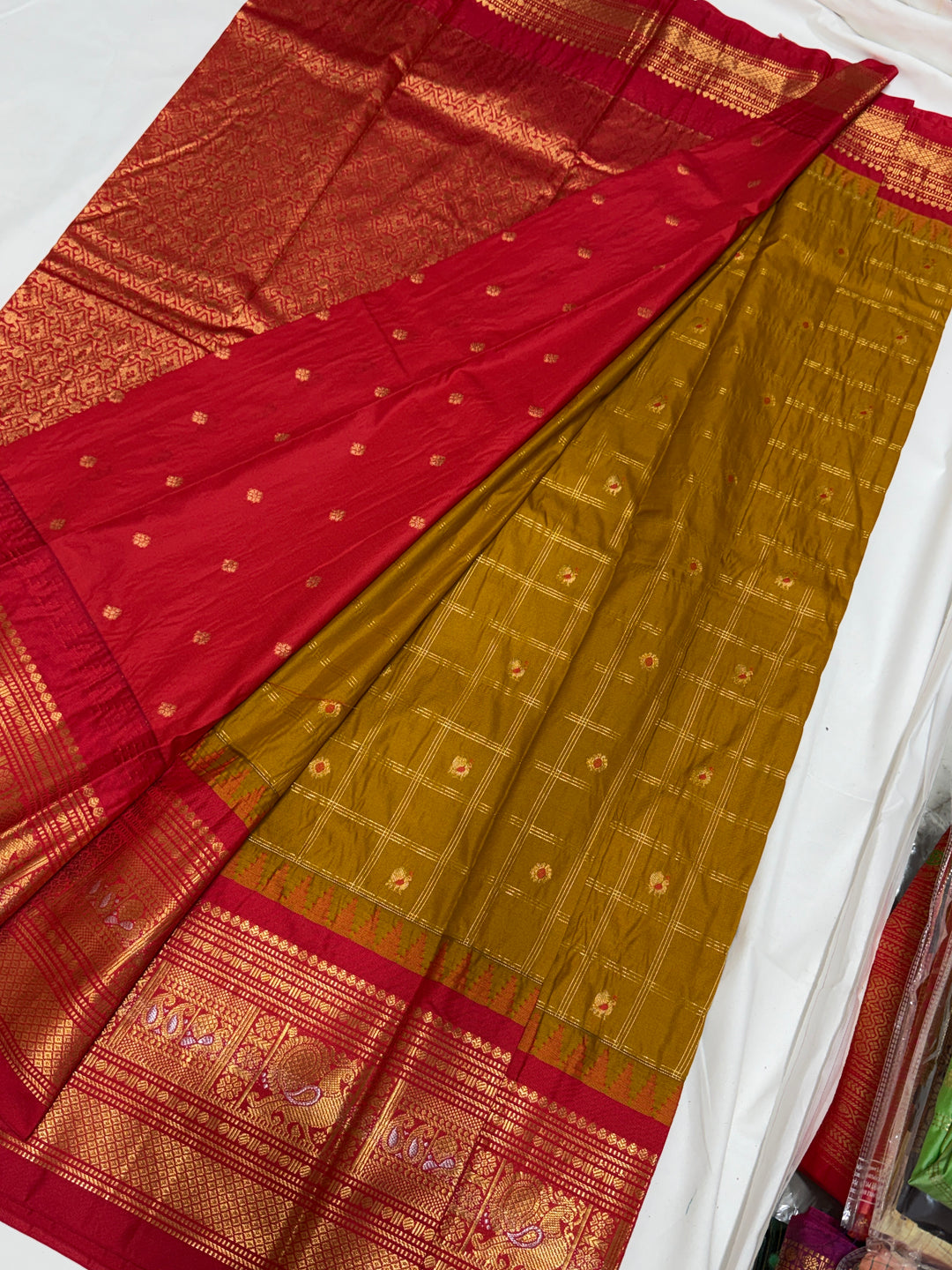 Olive Checks Semi-Silk Gadwal Saree (DHN-248)