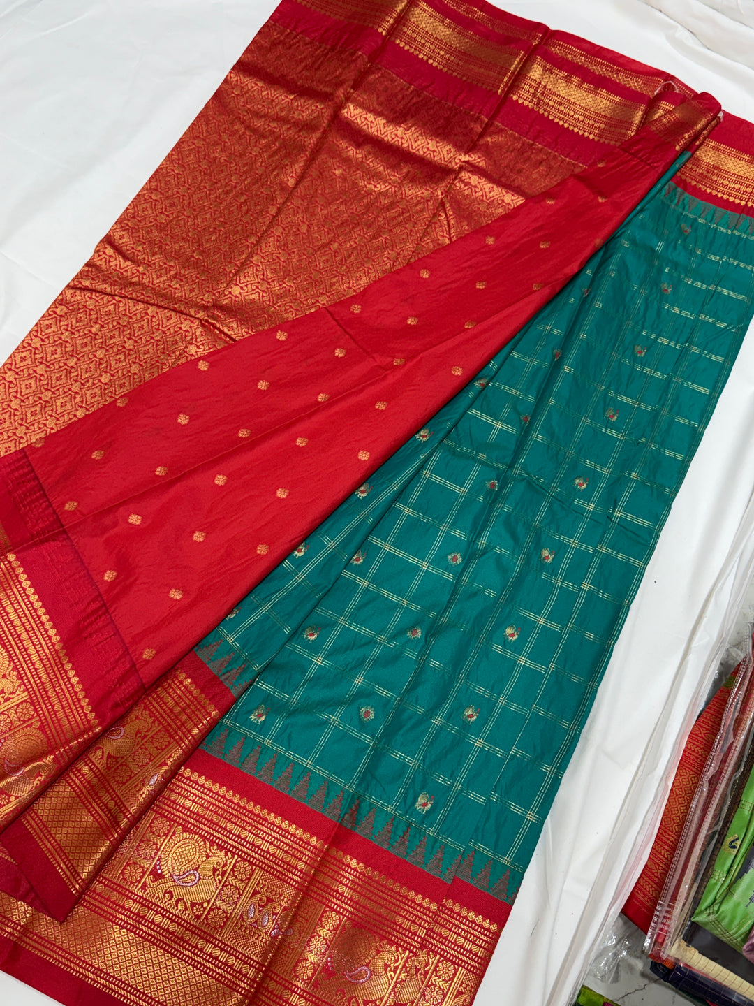 Teal Checks Semi-Silk Gadwal Saree (DHN-249)