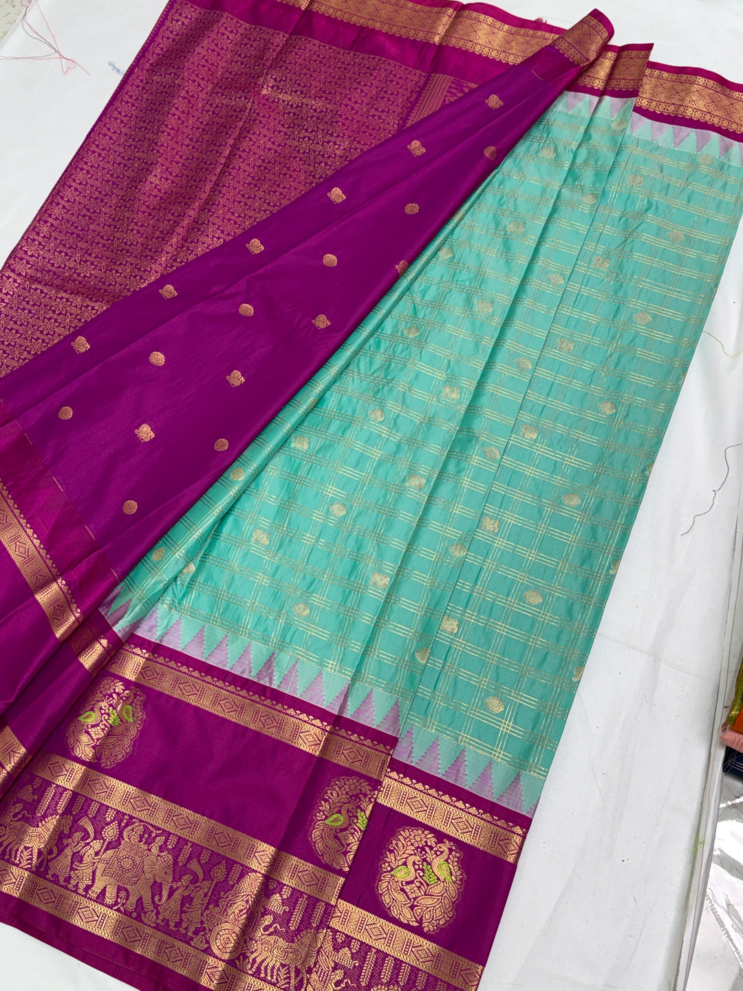 Sea Green Semi-Silk Gadwal Saree (DHN-304)