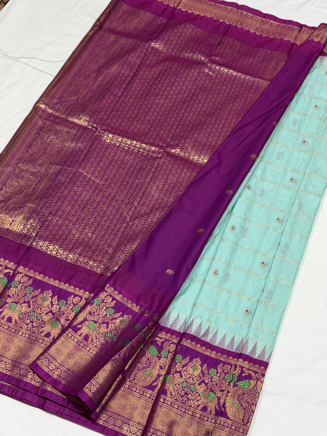 Sea Blue Checks Big Border Saree (DHN-567)