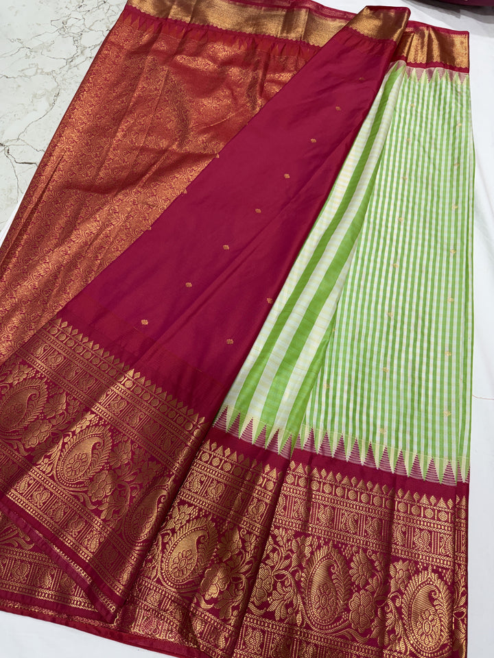 Checks Big Border Premium Semi Gadwal Saree (DHN-654) — Pista Green