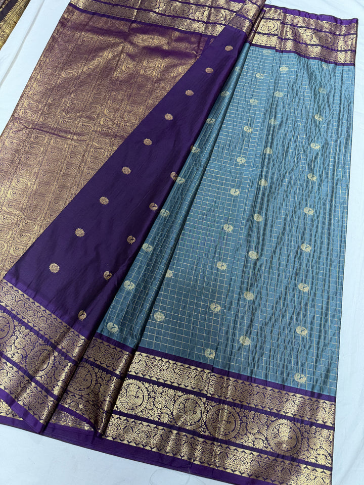 Checks Big Border Premium Semi Gadwal Saree (DHN-645) — Steel Blue