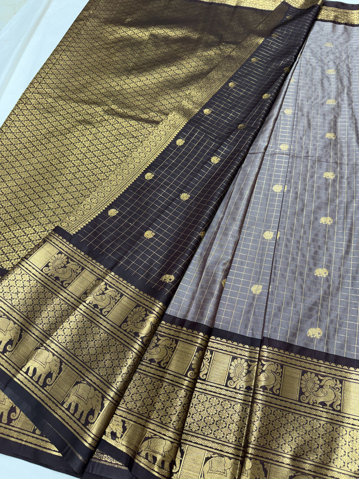 Checks Big Border Premium Semi Gadwal Saree (DHN-646) — Dark Grey
