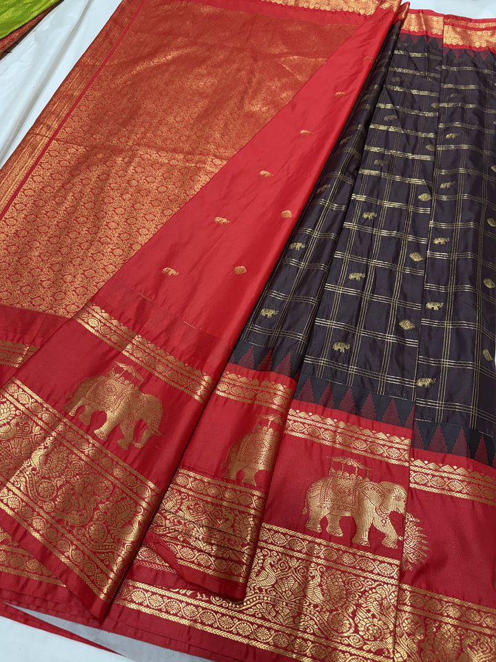 Checks Big Gap Border Premium Semi Gadwal Saree (DHN-649) — Black