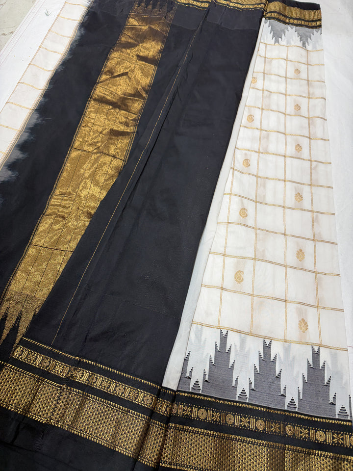Checks Narayanpet Black Border Ilkal Pallu Saree (DHN-620) — White