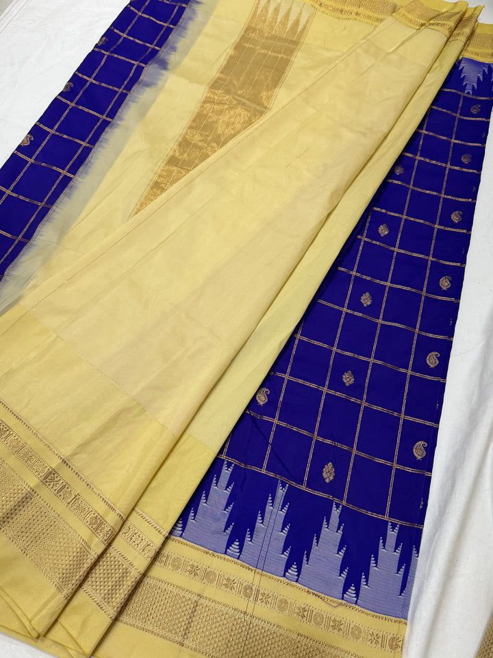 Checks Narayanpet Cream Border Ilkal Pallu Saree (DHN-618) — Navy Blue