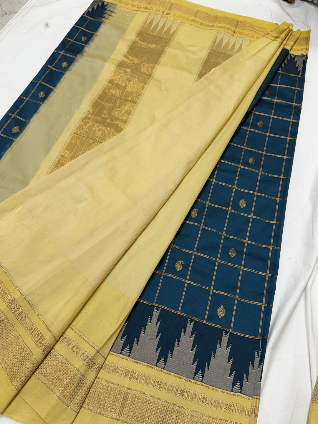 Checks Narayanpet Cream Border Ilkal Pallu Saree (DHN-618)