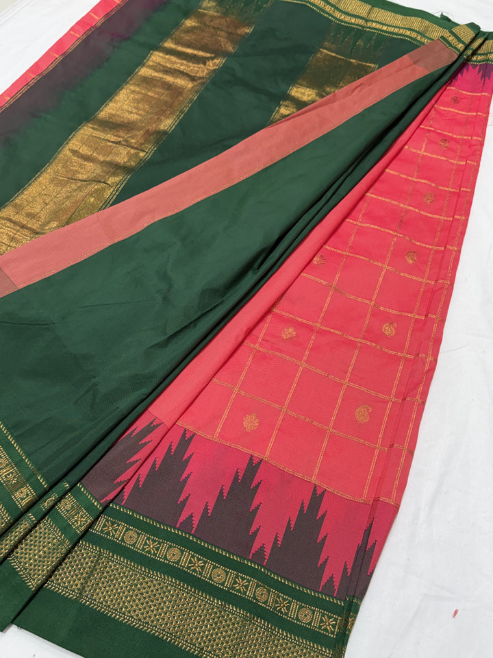 Checks Narayanpet Green Border Ilkal Pallu Saree (DHN-617) — Rose Pink