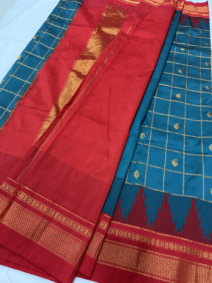Checks Narayanpet Red Border Ilkal Pallu Saree (DHN-619)