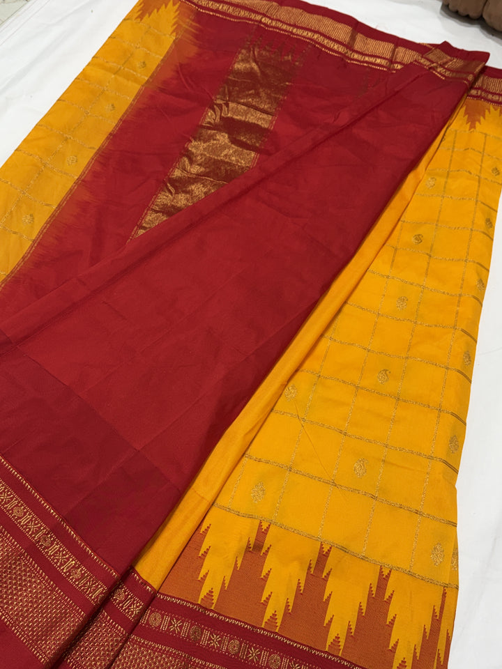 Checks Narayanpet Red Border Ilkal Pallu Saree (DHN-619) — Yellow