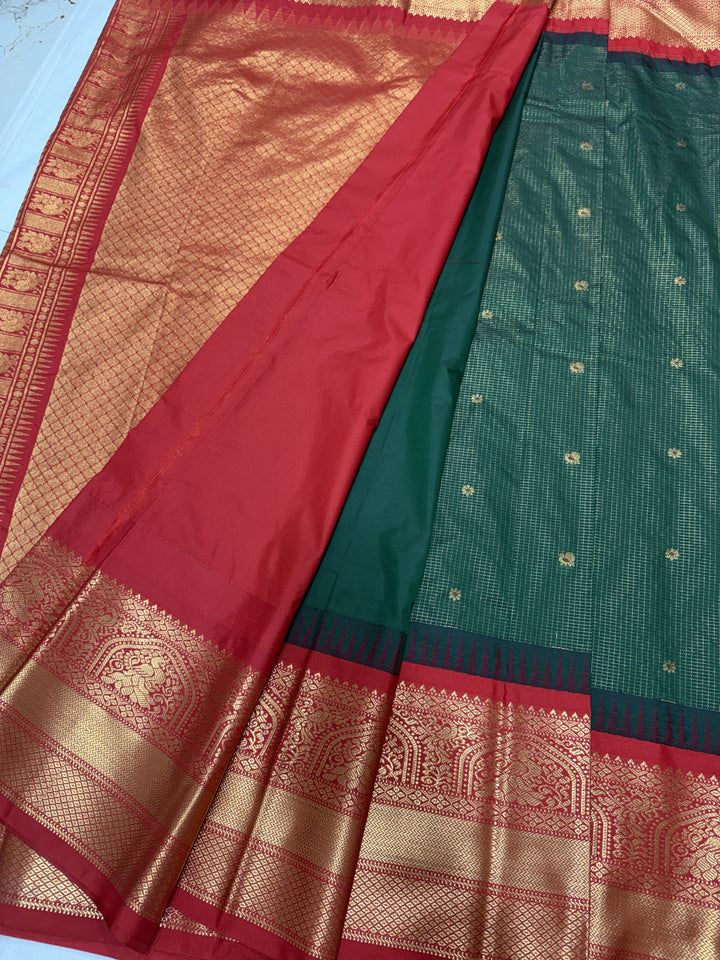 Minimal Checks Big Border Premium Semi Gadwal Saree (DHN-656) — Dark Green