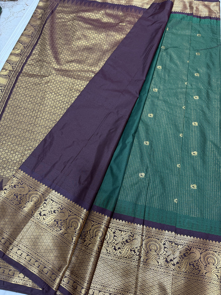 Minimal Checks Big Border Premium Semi Gadwal Saree (DHN-657) — Dark Green