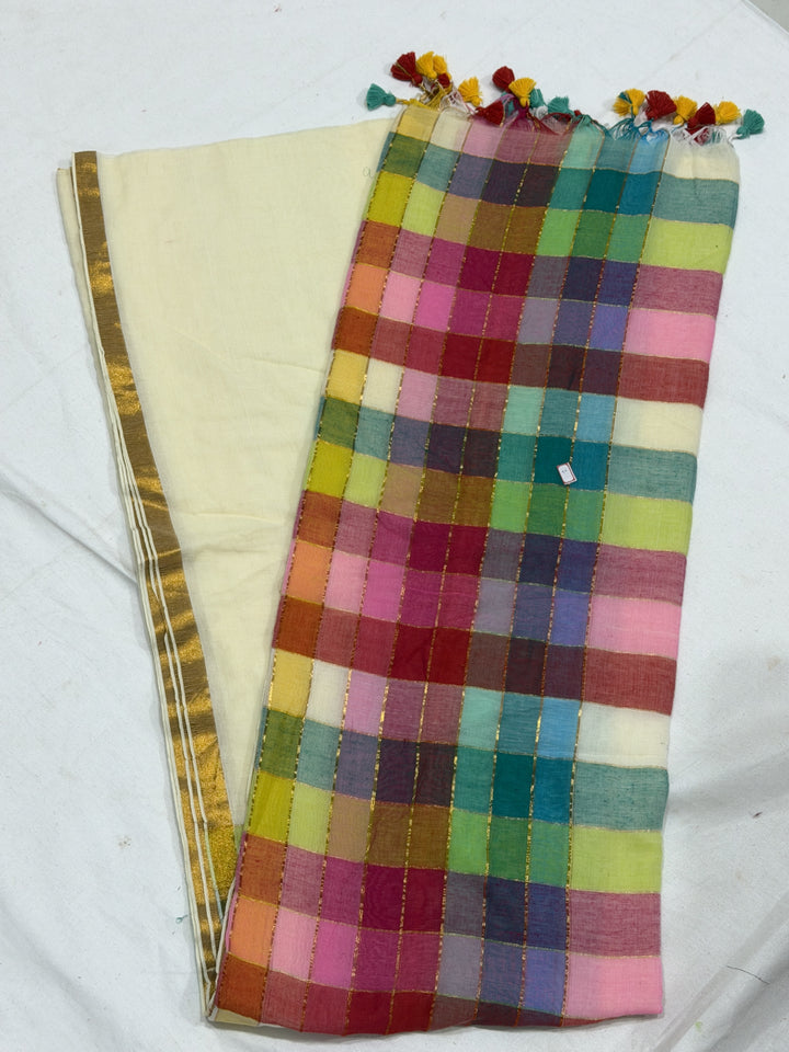 120 Count Checks Mul Cotton Saree (DHN-501) — Cream