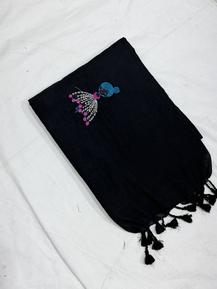 Doll Embroidery Khadi Cotton Saree (DHN-492) — Black