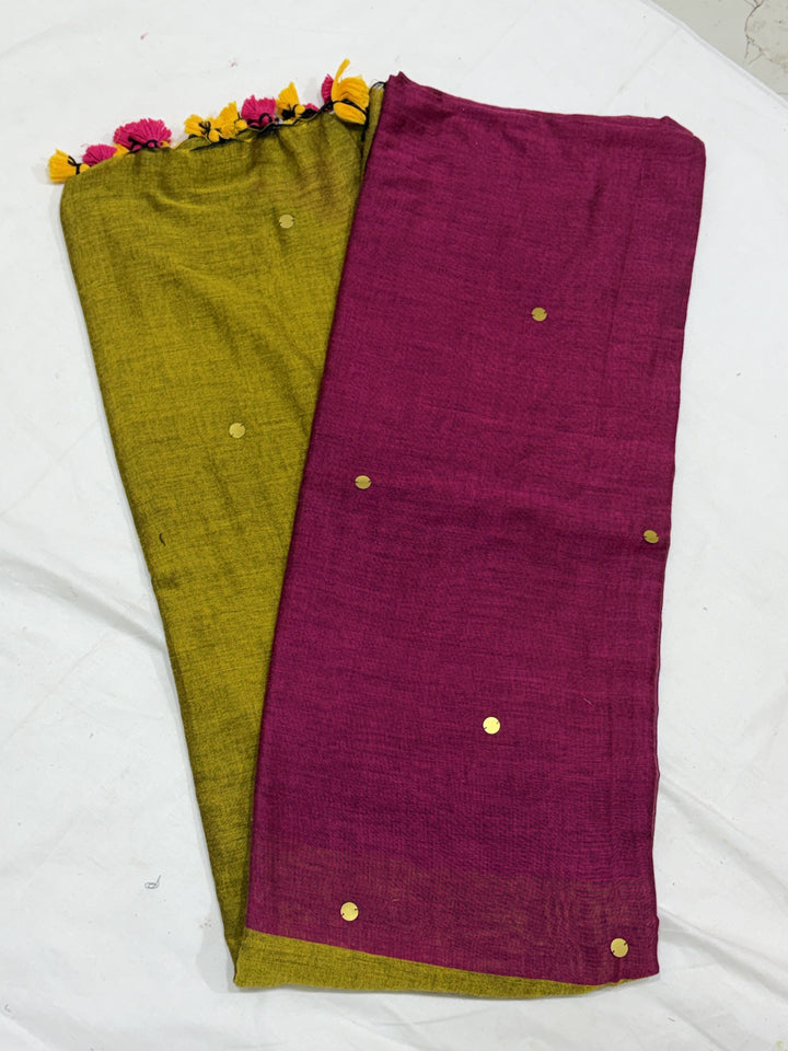 Dual Shade Mirror Khadi Cotton Saree (DHN-499) — Magenta and Olive