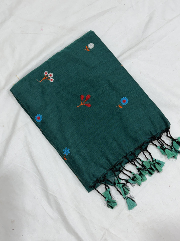 Mix Flowers Embroidery Khadi Cotton Saree (DHN-494) — Dark Teal