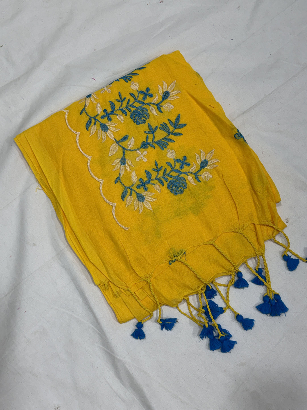 Mix Long Flowers Embroidery Khadi Cotton Saree (DHN-495)
