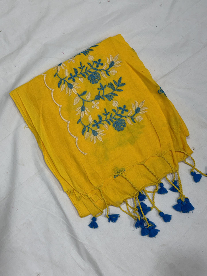 Mix Long Flowers Embroidery Khadi Cotton Saree (DHN-495)