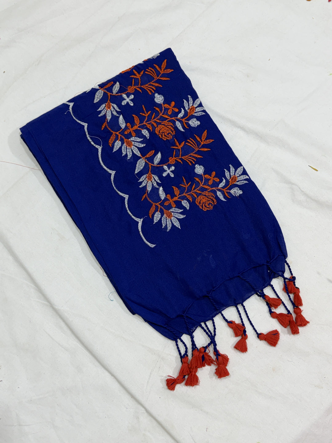 Mix Long Flowers Embroidery Khadi Cotton Saree (DHN-495)