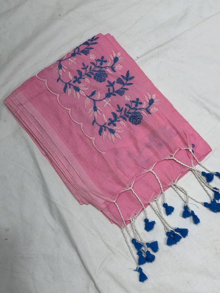 Mix Long Flowers Embroidery Khadi Cotton Saree (DHN-495) — Pink
