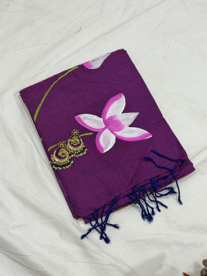 Lotus Paint Khadi Cotton Saree (DHN-497)