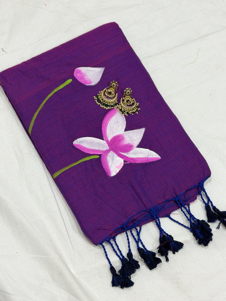 Lotus Paint Khadi Cotton Saree (DHN-497) — Purple