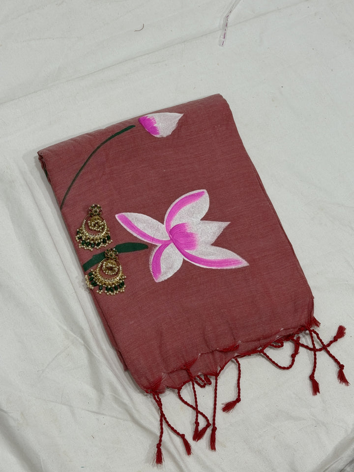 Lotus Paint Khadi Cotton Saree (DHN-497)