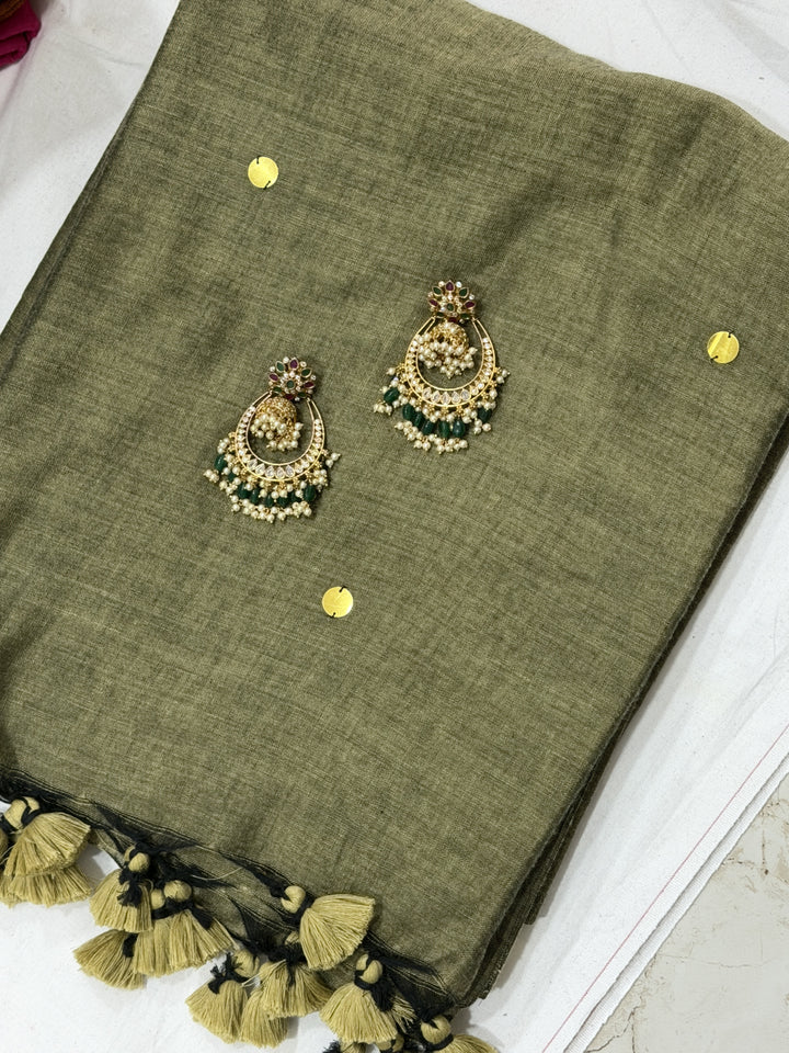 Mirror Khadi Cotton Saree (DHN-500) — Olive