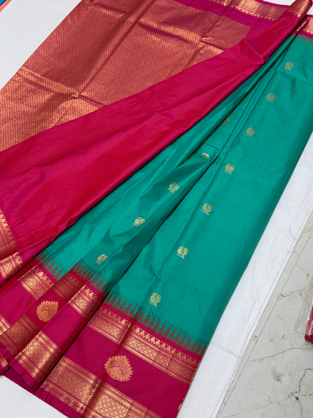 Sea Green Semi-Silk Gadwal Saree (DHN-459)