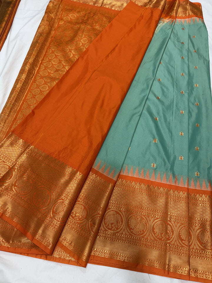 Plain Big Border Premium Semi Gadwal Saree (DHN-653) — Sea Green