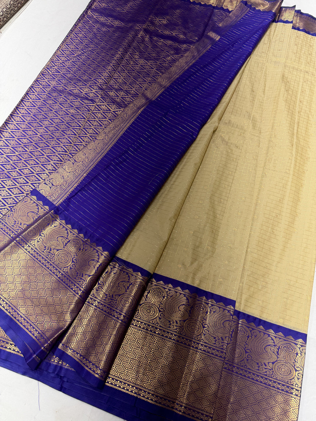 Linear Gold Royal Blue Border Plain Semi-Silk Gadwal Saree (DHN-621)