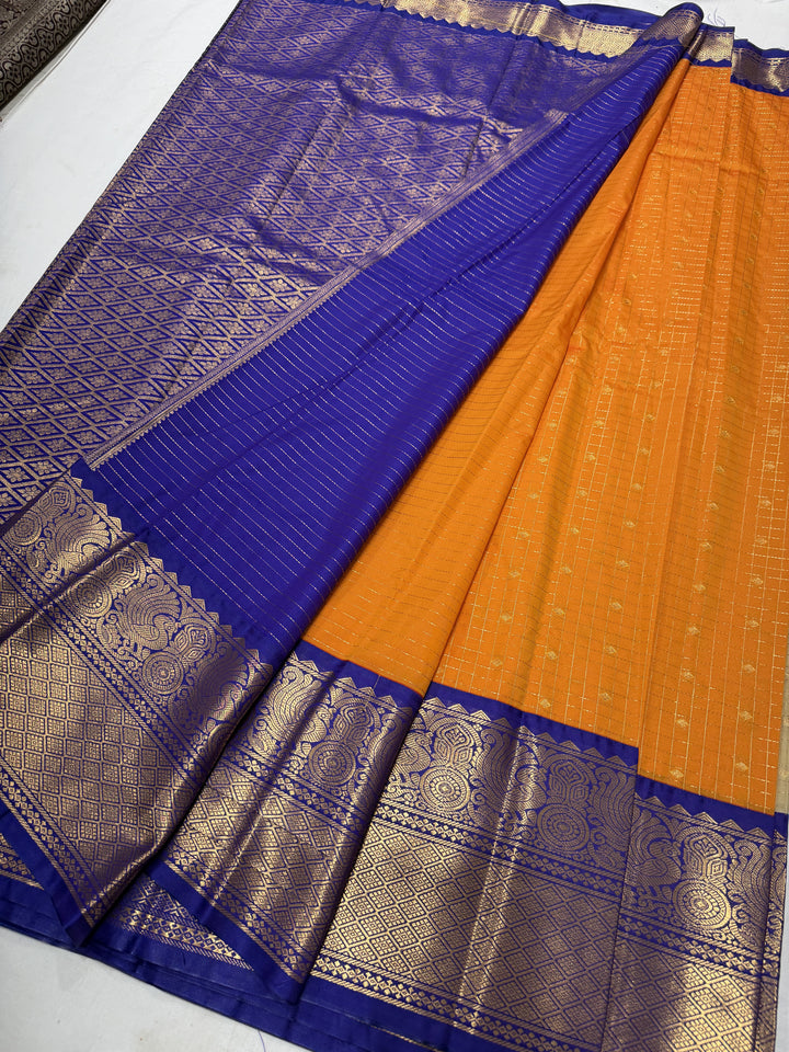 Linear Gold Royal Blue Border Plain Semi-Silk Gadwal Saree (DHN-621) — Orange