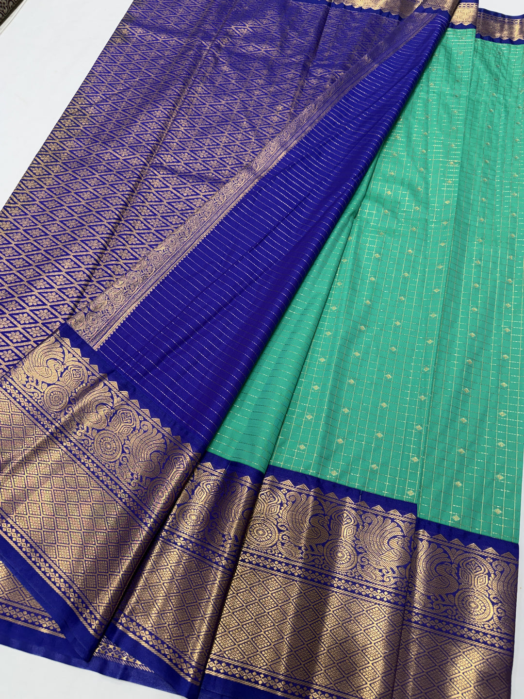Linear Gold Royal Blue Border Plain Semi-Silk Gadwal Saree (DHN-621)