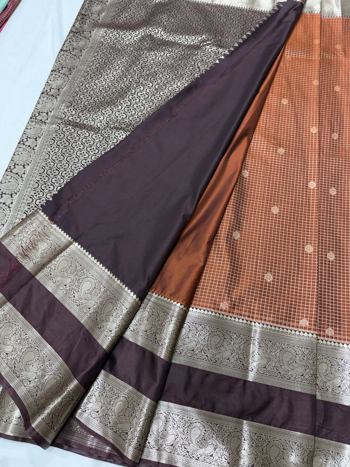 Medallion Stripe Maroon Border Plain Semi-Silk Gadwal Saree (DHN-622) — Rust Orange