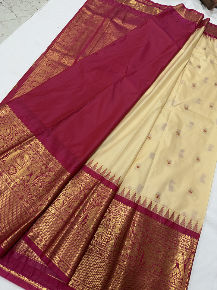Peacock Maroon Border Plain Semi-Silk Gadwal Saree (DHN-626)
