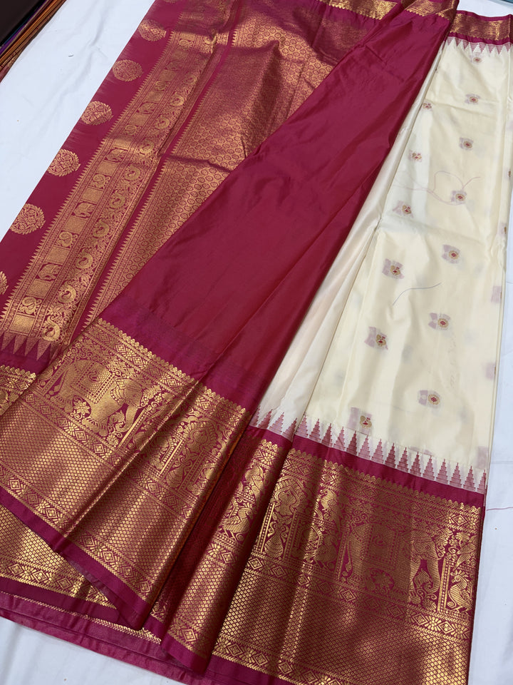 Peacock Maroon Border Plain Semi-Silk Gadwal Saree (DHN-626) — Cream
