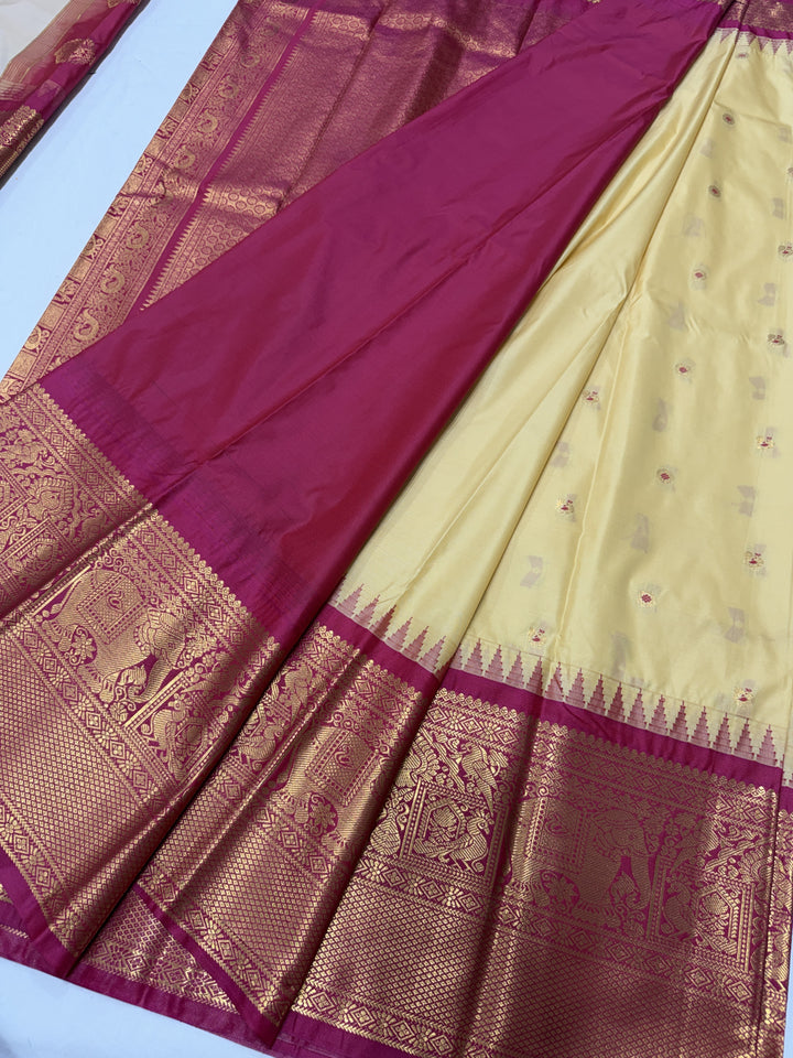 Peacock Maroon Border Plain Semi-Silk Gadwal Saree (DHN-626)