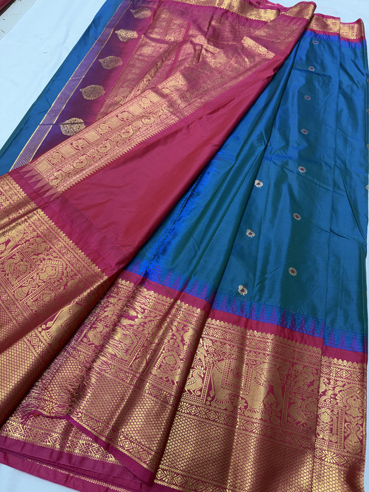 Peacock Maroon Border Plain Semi-Silk Gadwal Saree (DHN-626)