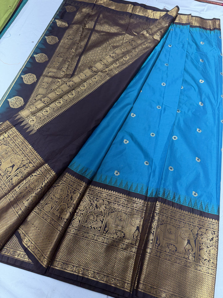 Peacock Navy Black Temple Border Plain Semi-Silk Gadwal Saree (DHN-627)