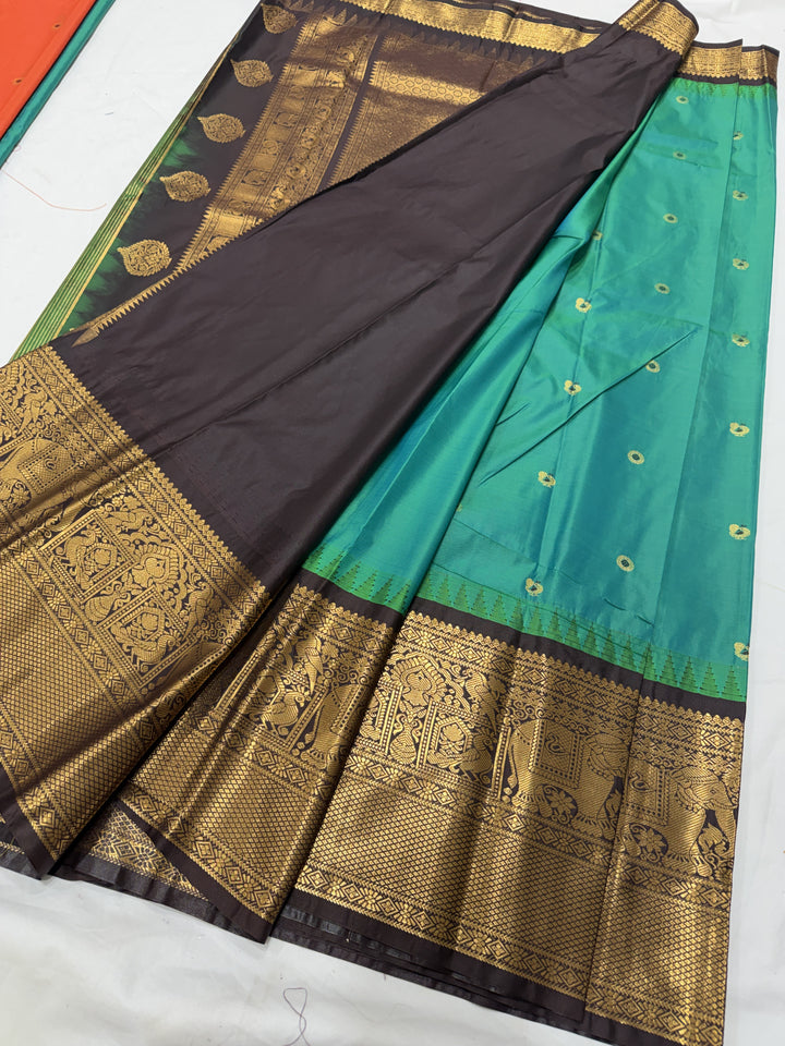 Peacock Navy Black Temple Border Plain Semi-Silk Gadwal Saree (DHN-627)