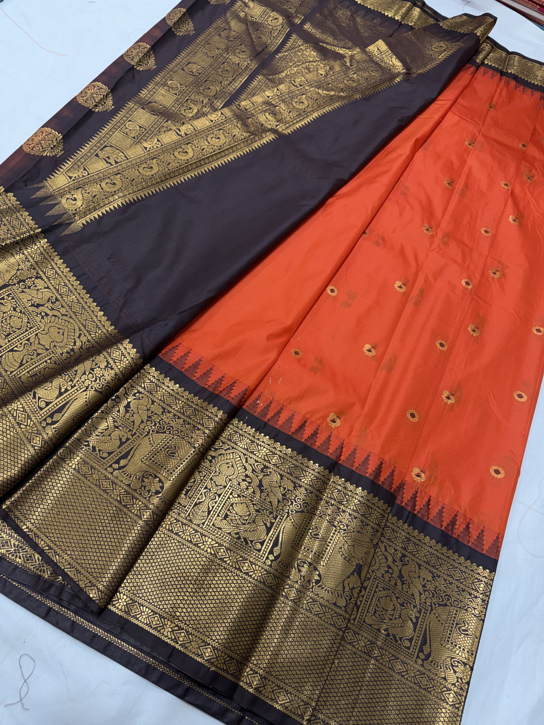 Peacock Navy Black Temple Border Plain Semi-Silk Gadwal Saree (DHN-627)