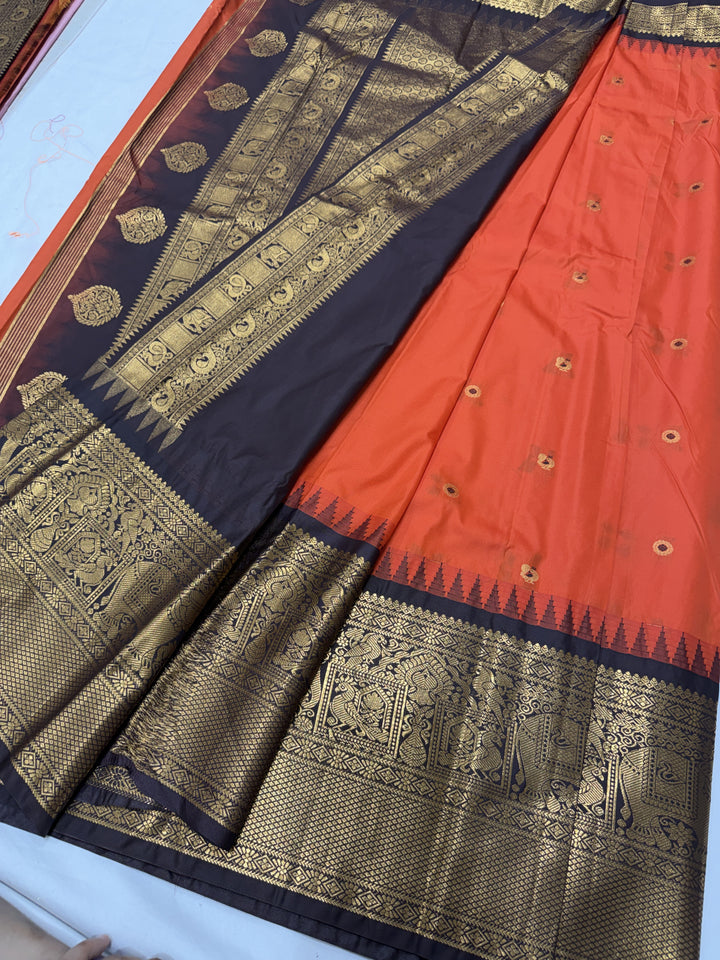 Peacock Navy Black Temple Border Plain Semi-Silk Gadwal Saree (DHN-627)