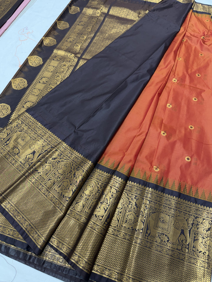Peacock Navy Black Temple Border Plain Semi-Silk Gadwal Saree (DHN-627)