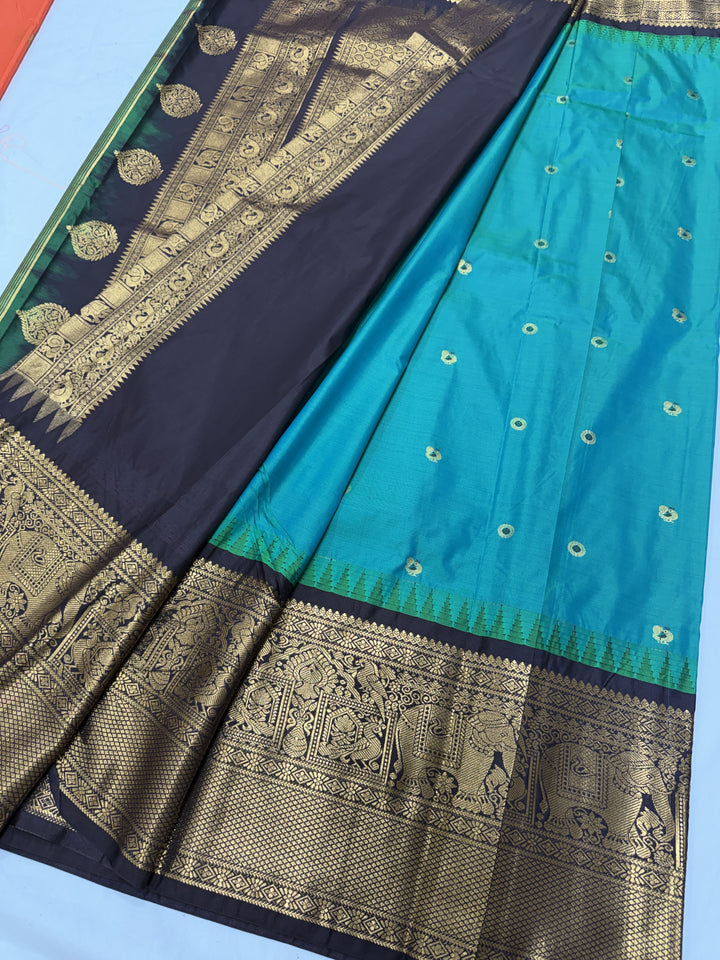 Peacock Navy Black Temple Border Plain Semi-Silk Gadwal Saree (DHN-627)