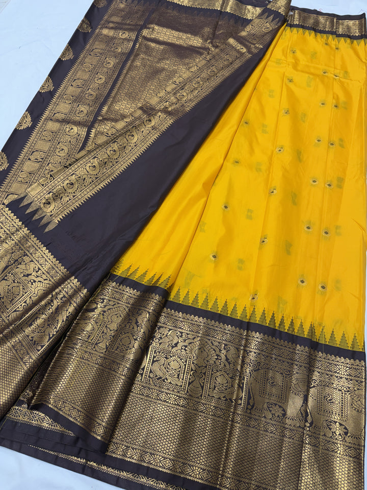 Peacock Navy Black Temple Border Plain Semi-Silk Gadwal Saree (DHN-627) — Yellow