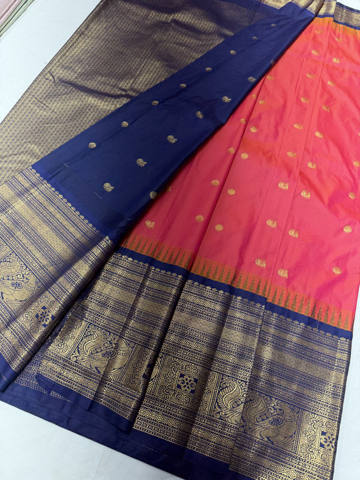 Peacock Navy Border Plain Semi-Silk Gadwal Saree (DHN-628)