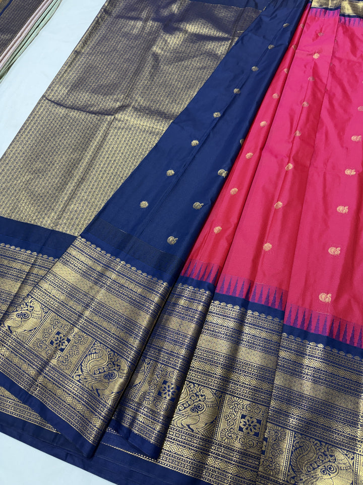 Peacock Navy Border Plain Semi-Silk Gadwal Saree (DHN-628)